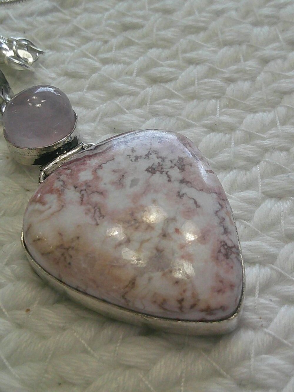 MEXICAN LAGUNA LACE & ROSE QUARTZ Handmade Sterling 925 Pendant/Chain #183F